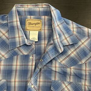 Wrangler Pearl Snap Shirt Men's XXL Short Sleeve Blue Red Plaid Western 2XL